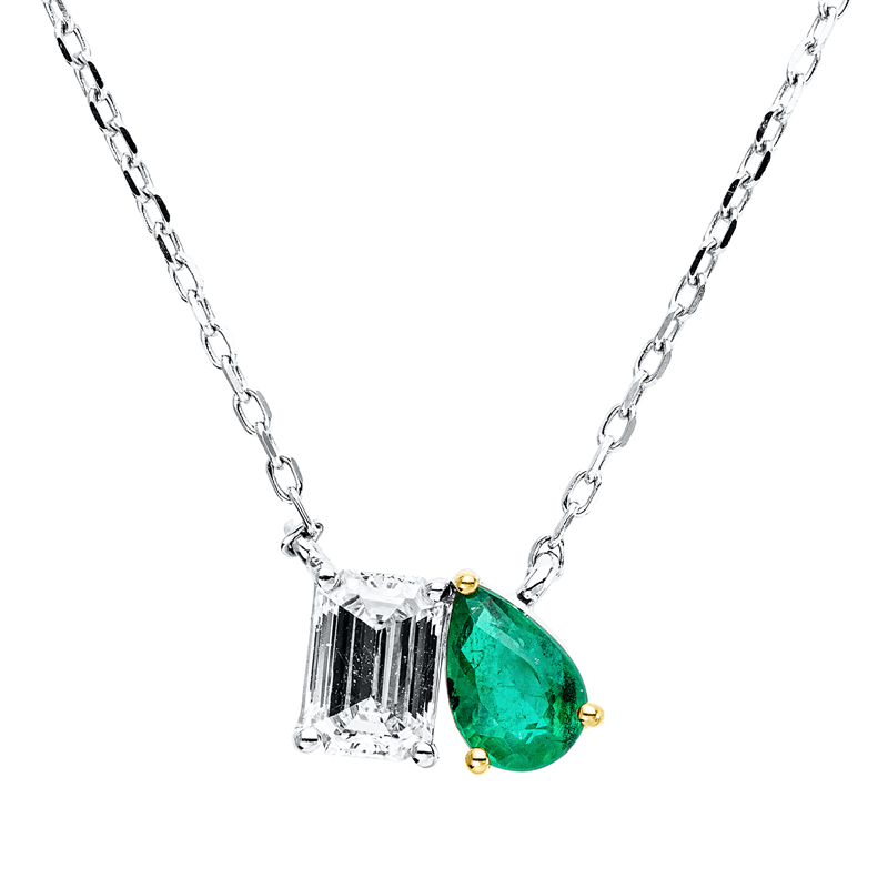 Collier 18 kt WG, Fassung vergoldet,ZÖ, 1 Sm.schliff 0,48 ct, TW-si, 1 Smaragd 0,40 ct grün