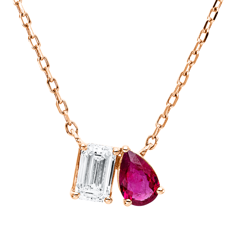 Collier 18 kt RG, mit ZÖ 43 cm + 40,6 cm, 1 Sm.schliff 0,50 ct, TW-si, 1 Rubin 0,38 ct rot