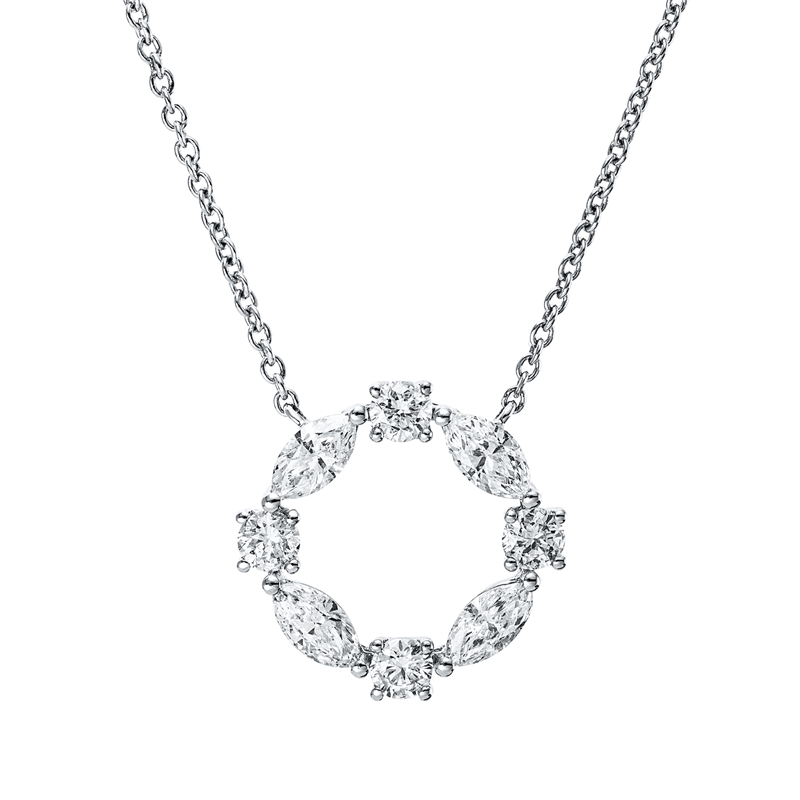 Collier 18 kt WG, mit ZÖ 40.6 cm + 45.7 cm, 4 Brill. 0,18 ct, TW-pi, 4 Nav. 0,30 ct, TW-pi