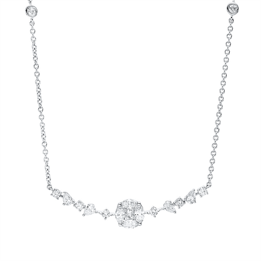 Collier 18 kt WG, 4 Tropfen 0,20ct, 4 Nav.0,25ct, 1 Princ.0,12ct, TW-vsi,10 Brill.0,30ct, TW-si