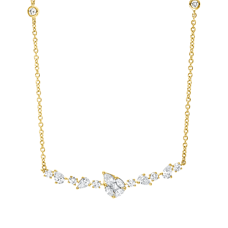 Collier 18 kt GG, 5 Tropfen 0,37ct, 3 Nav. 0,09 ct, 1 Princ. 0,03 ct, TW-vsi, 10 Brill. 0,29 ct, TW-si