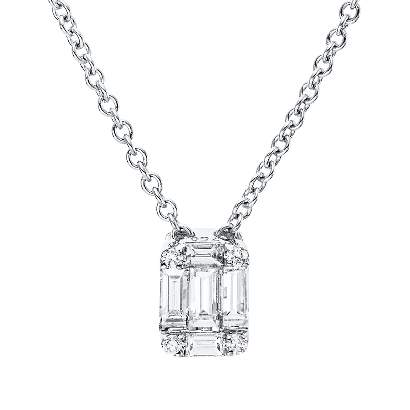 Collier 18 kt WG, mit ZÖ 40,6 cm, 2 Bag. 0,05 ct, TW-vsi/si, 4 Brill. 0,03 ct, TW-si, 3 Bag. 0,22 ct, TW-vsi/si