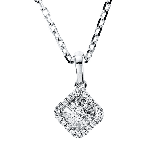 Collier 18 kt WG, ZÖ, 1 Brill. 0,04 ct, TW-si, 20 Brill. 0,06 ct, TW-si, 15 Trap. 0,10 ct, TW-vsi
