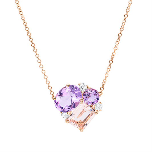Collier 18 kt RG, mit ZÖ 40,6 cm, 3 Brill. 0,21 ct, TW-si, 1 Amethyst 0,50 ct pink, 1 Amethyst 1,80 ct pink, 1 Morganit 1,60 ct rosa