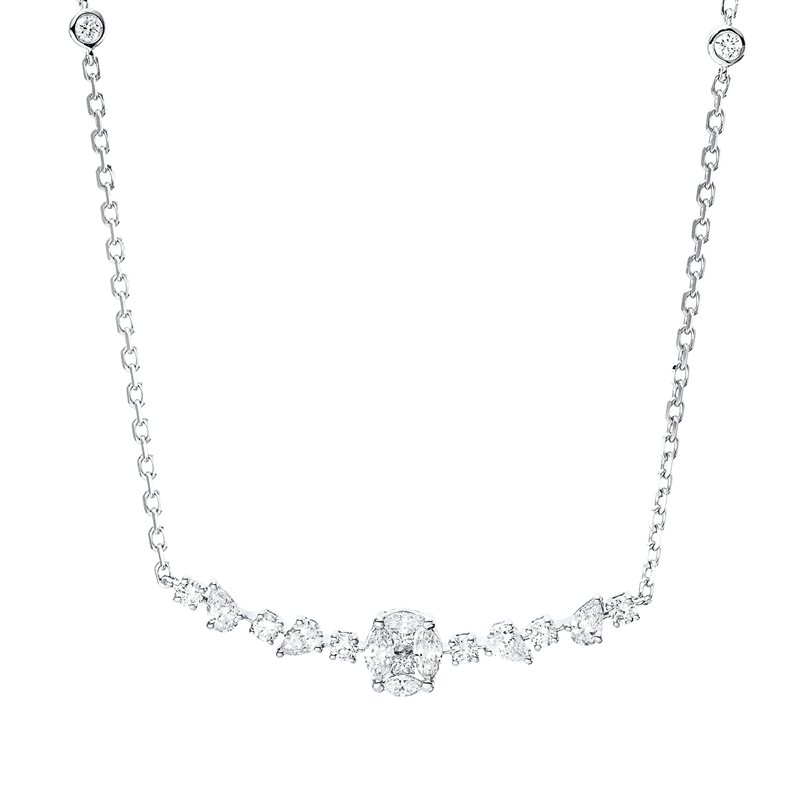 Collier 18 kt WG, 4 Tropfen 0,26ct, 4 Nav.0,18ct, 2 Princ. 0,06 ct, TW-vsi, 10 Brill. 0,29 ct, TW-si