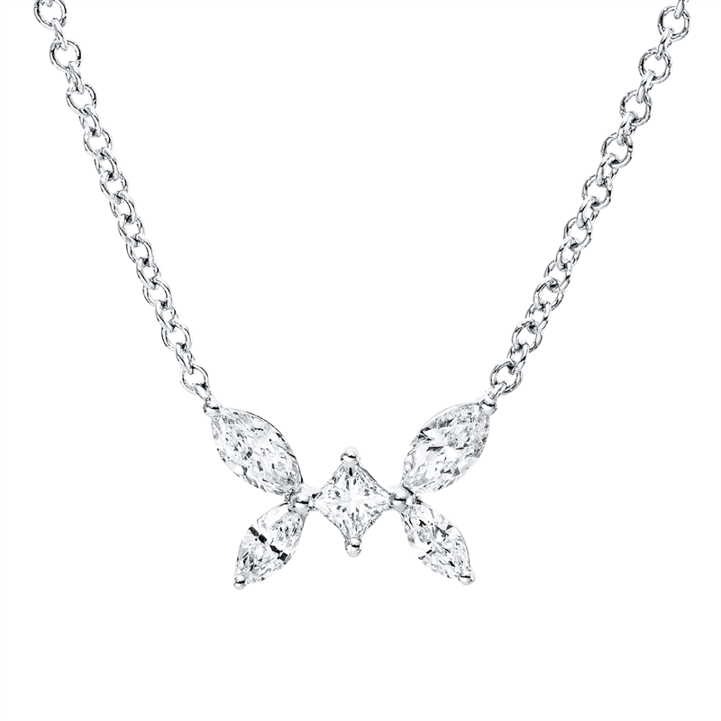 Collier 18 kt WG, 1 Princ. 0,08 ct, TW-si, 4 Nav. 0,30 ct, TW-si