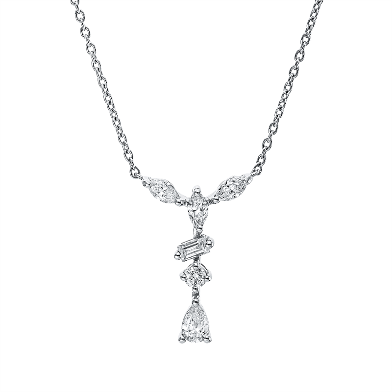Collier 18 kt WG, mit ZÖ 43 cm, 1 Bag.0,06ct, 3 Nav.0,22ct, 1 Tropfen 0,12ct, 1 Brill. 0,05ct, F-vsi/si