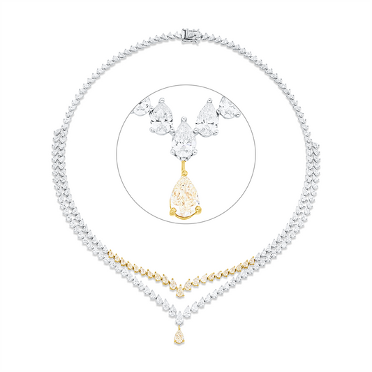Collier 18 kt WG+GG, 157 Tropfen 15,60 ct, F-vsi/si, 1 Tropfen 0,81 ct, gelb, 21 Tropfen 3,22 ct, gelb