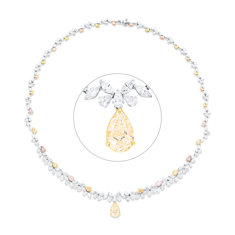 Collier 18KWGR, 1 Tropfen 2,72ct, gelb, 12 Tropfen 1,99ct, fancy, 91 Fant-Schl. 7,45ct, TW-vsi/si