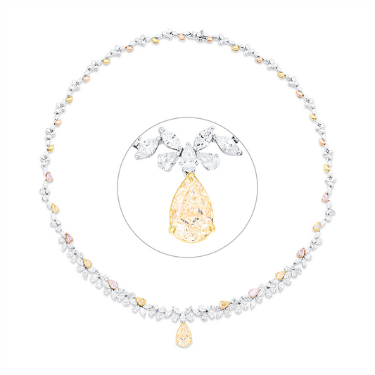 Collier 18KWGR, 1 Tropfen 2,72ct, gelb, 12 Tropfen 1,99ct, fancy, 91 Fant-Schl. 7,45ct, TW-vsi/si