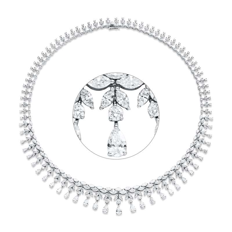 Collier 18 kt WG, 123 Nav. 10,62 ct, F-vsi/si, 31 Tropfen 5,63 ct, F-vsi/si, 265 Brill. 4,38 ct, F-vsi/si