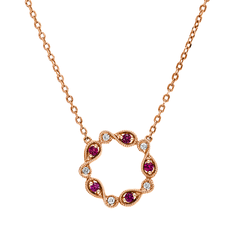 Collier 18 kt RG, mit ZÖ 42+ 43 + 44cm, 5 Brill. 0,03 ct, TW-si, 5 Rubine 0,09 ct rot
