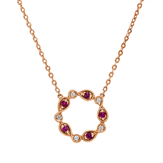 Collier 18 kt RG, mit ZÖ 42+ 43 + 44cm, 5 Brill. 0,03 ct, TW-si, 5 Rubine 0,09 ct rot