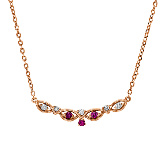 Collier 18 kt RG, mit ZÖ 42+ 43+ 44cm, 5 Brill. 0,06 ct, TW-si, 3 Rubine 0,06 ct rot