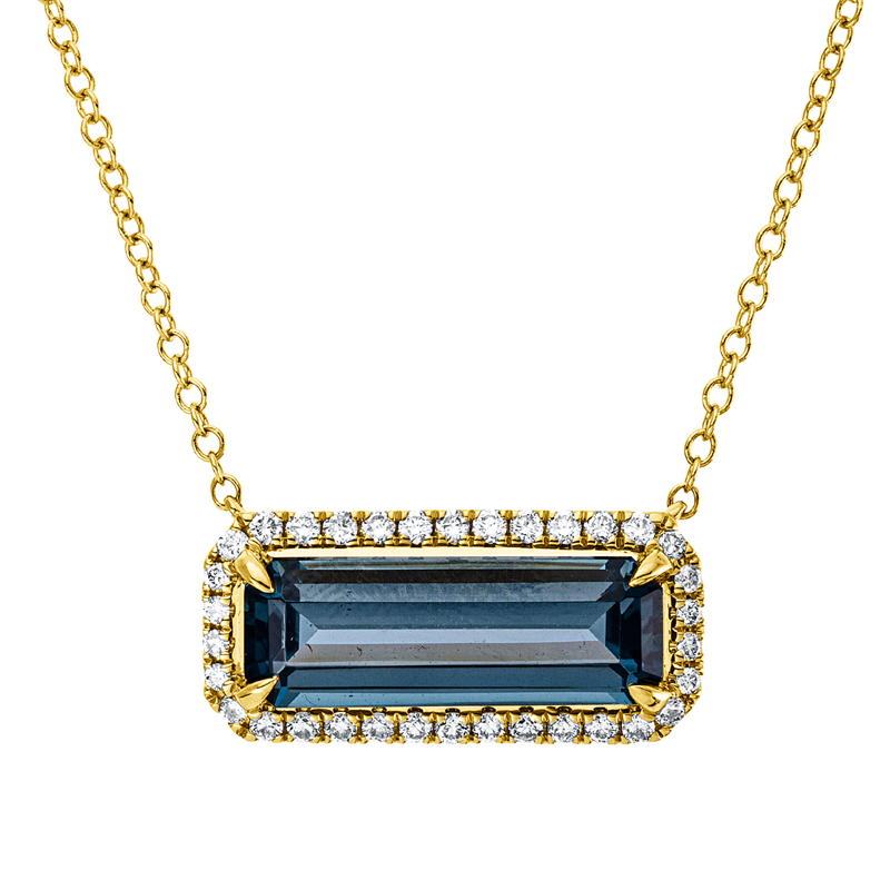 Collier 18 kt GG, mit ZÖ 40,6 cm, 34 Brill. 0,20 ct, TW-si, 1 Topas 2,60 ct Lond. blue