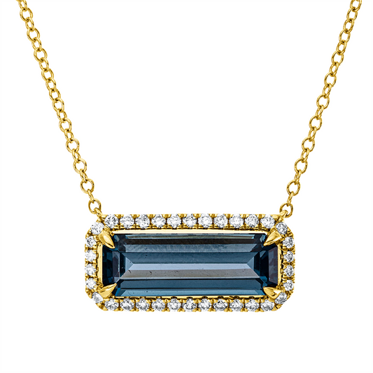 Collier 18 kt GG, mit ZÖ 40,6 cm, 34 Brill. 0,20 ct, TW-si, 1 Topas 2,60 ct Lond. blue