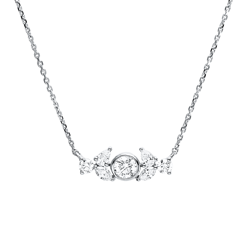 Collier 18 kt WG, mit ZÖ 42 cm, 1 Brill. 0,15 ct, 2 Tropfen 0,08 ct, 2 Nav. 0,08 ct, 2 Brill. 0,08ct, TW-si