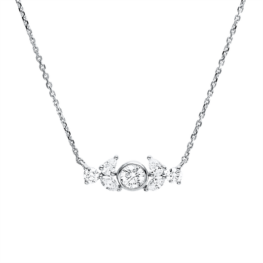 Collier 18 kt WG, mit ZÖ 42 cm, 1 Brill. 0,15 ct, 2 Tropfen 0,08 ct, 2 Nav. 0,08 ct, 2 Brill. 0,08ct, TW-si
