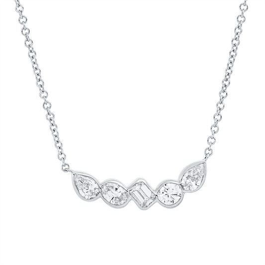 Collier 18 kt WG, 1 Sm.schliff 0,08 ct, 2 Tropfen 0,16 ct, 1 Oval 0,08 ct, 1 Brill. 0,08 ct, TW-si