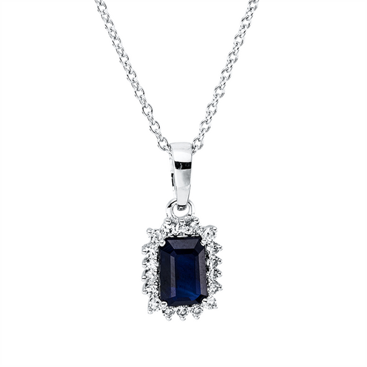 Collier 18 kt WG, mit ZÖ 40 cm, 42,5cm, 18 Dia. 0,11 ct, TW-si, 1 Saphir 0,68 ct blau