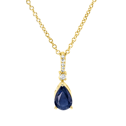 Collier 18 kt GG, mit ZÖ 40 cm, 42,5cm, 1 Brill. 0,01 ct, TW-si, 5 Dia. 0,02 ct, TW-si, 1 Saphir 0,58 ct blau