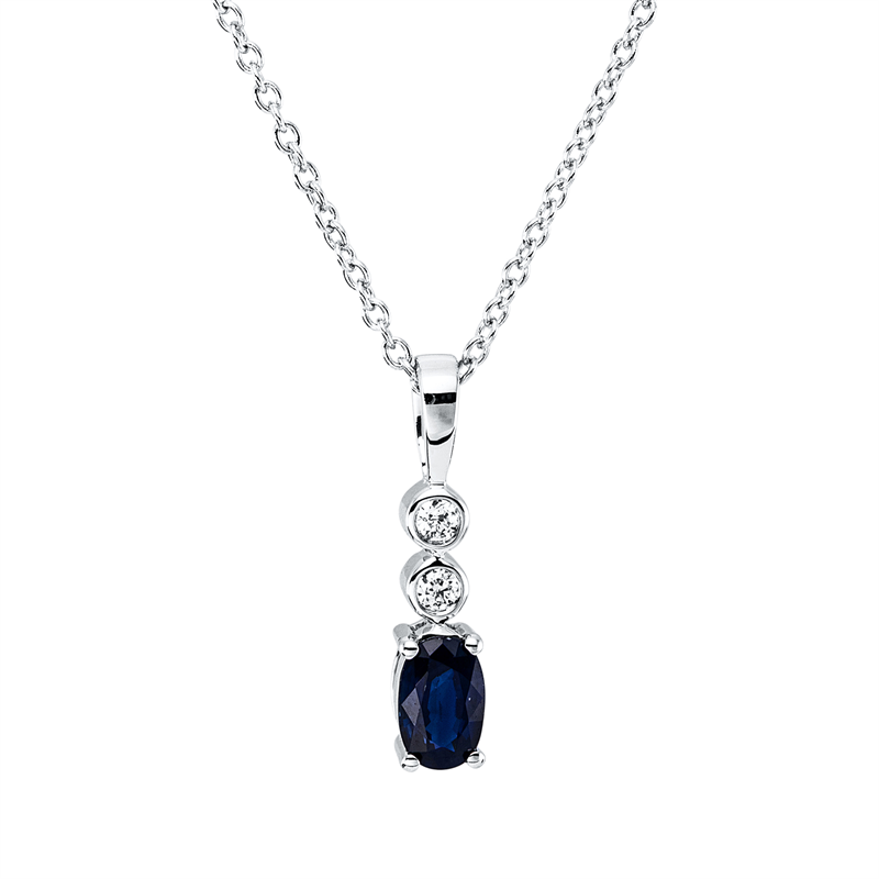 Collier 18 kt WG, , 42,5cm, 2 Brill. 0,03 ct, TW-si, 1 Saphir 0,35 ct blau