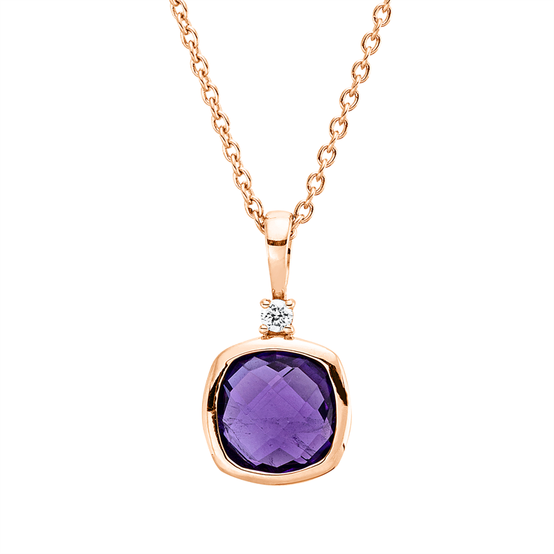 Collier 18 kt RG, mit ZÖ 42,5 cm + 40,0 cm, 1 Brill. 0,02 ct, TW-si, 1 Amethyst 0,89 ct lila