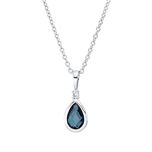 Collier 18 kt WG, mit ZÖ 40 cm, 42,5m, 1 Brill. 0,02 ct, TW-si, 1 Topas 0,49 ct Lond. blue