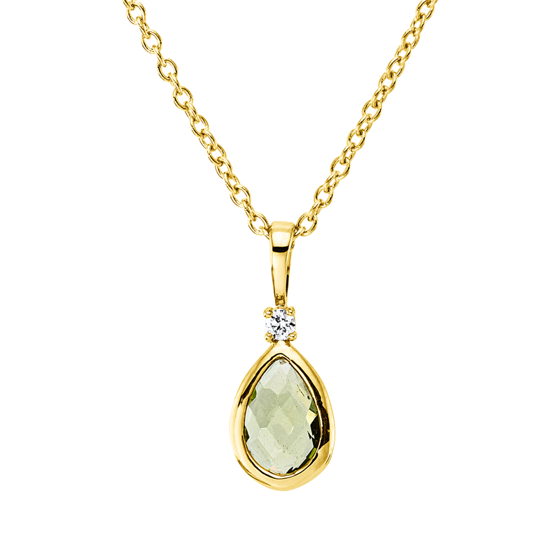 Collier 18 kt GG, mit ZÖ 40 cm, 42,5cm, 1 Brill. 0,02 ct, TW-si, 1 Peridot 0,36 ct