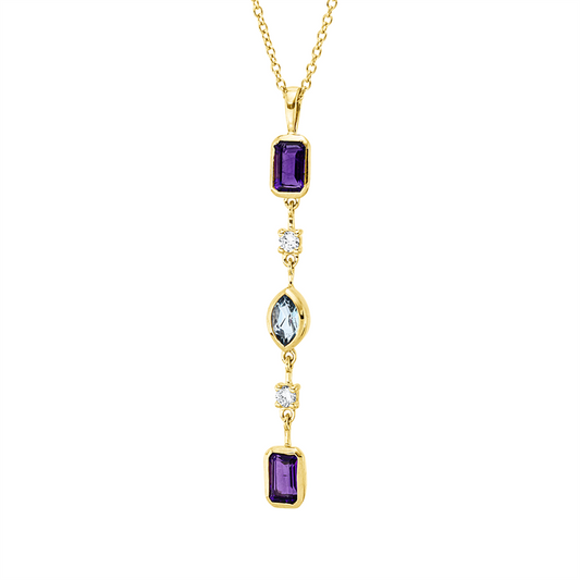 Collier 18 kt GG, mit ZÖ 40 cm, 42,5cm, 2 Brill. 0,07 ct, TW-si, 2 Amethyste 0,53 ct lila, 1 Aquamarin 0,19 ct blau