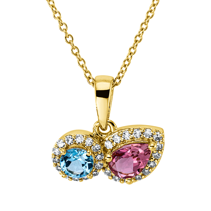 Collier 18 kt GG, mit ZÖ 40 cm, 42,5cm, 14 Dia. 0,08 ct, TW-si, 14 Dia. 0,07 ct, TW-si, 1 Turmalin 0,41 ct pink, 1 Topas 0,33 ct blau