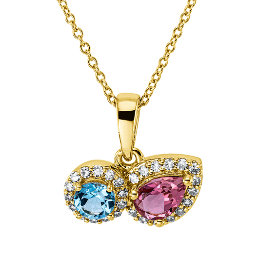 Collier 18 kt GG, mit ZÖ 40 cm, 42,5cm, 14 Dia. 0,08 ct, TW-si, 14 Dia. 0,07 ct, TW-si, 1 Turmalin 0,41 ct pink, 1 Topas 0,33 ct blau