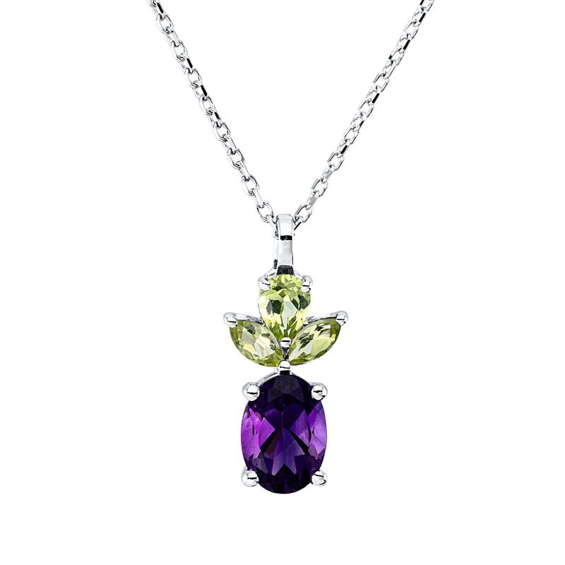 Collier 18 kt WG, mit ZÖ 43 cm, 2 Peridot 0,16 ct, 1 Amethyst 0,75 ct lila, 1 Peridot 0,17 ct