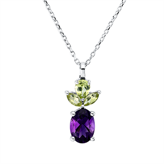 Collier 18 kt WG, mit ZÖ 43 cm, 2 Peridot 0,16 ct, 1 Amethyst 0,75 ct lila, 1 Peridot 0,17 ct