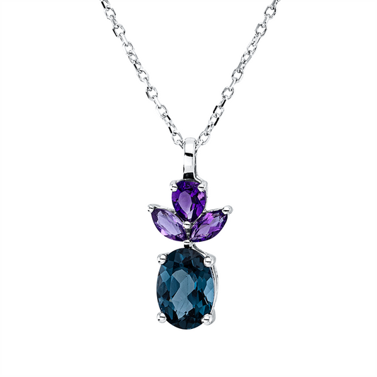 Collier 18 kt WG, mit ZÖ 43 cm, 2 Amethyste 0,15 ct lila, 1 Topas 0,95 ct Lond. blue, 1 Amethyst 0,15 ct lila