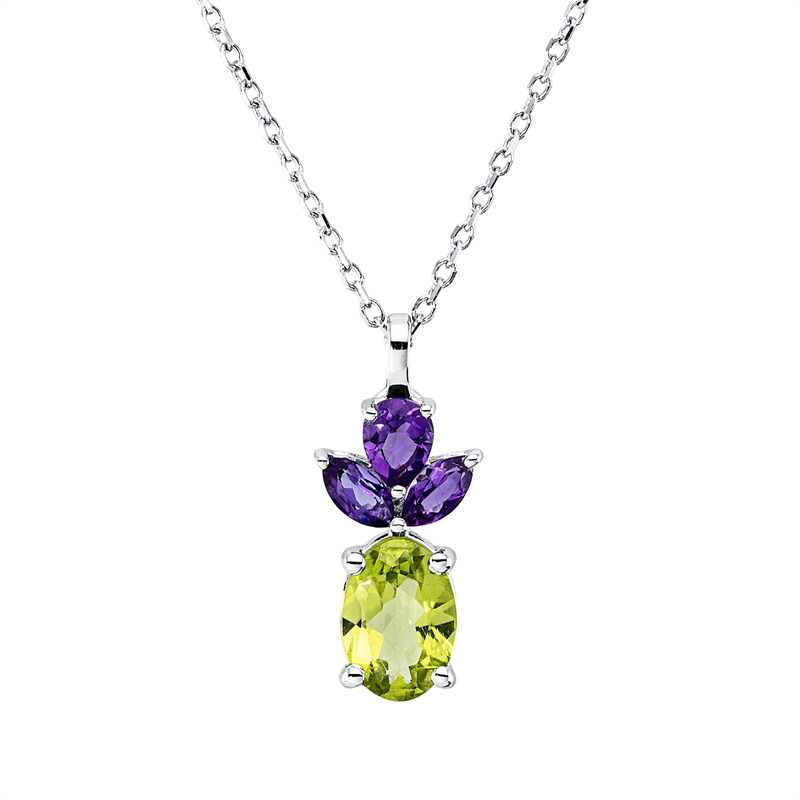 Collier 18 kt WG, mit ZÖ 43 cm, 2 Amethyste 0,18 ct lila, 1 Peridot 0,78 ct, 1 Amethyst 0,15 ct lila