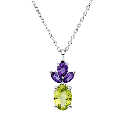 Collier 18 kt WG, mit ZÖ 43 cm, 2 Amethyste 0,18 ct lila, 1 Peridot 0,78 ct, 1 Amethyst 0,15 ct lila
