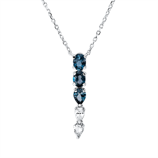 Collier 18 kt WG, mit ZÖ 43 cm, 1 Topas 0,18 ct Lo. blue, 2 Topase 0,40 ct Lo. blue, 2 Topase 0,17 ct weiß