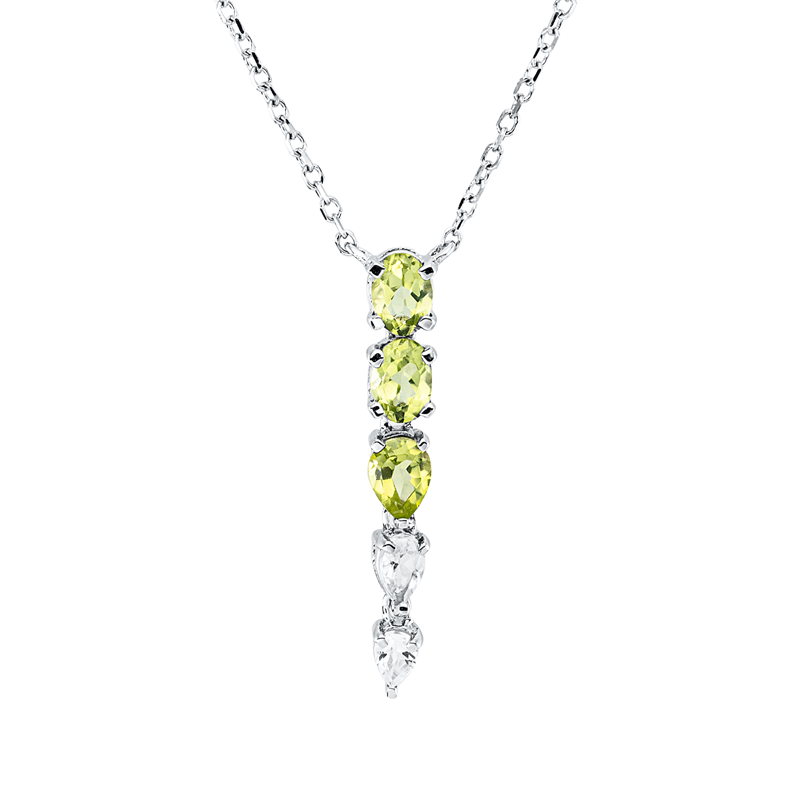 Collier 18 kt WG, mit ZÖ 43 cm, 1 Peridot 0,18 ct, 2 Peridot 0,36 ct, 2 Topase 0,17 ct weiß