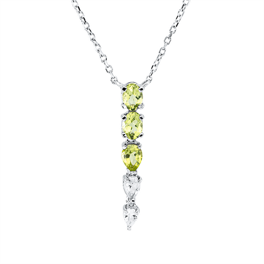 Collier 18 kt WG, mit ZÖ 43 cm, 1 Peridot 0,18 ct, 2 Peridot 0,36 ct, 2 Topase 0,17 ct weiß
