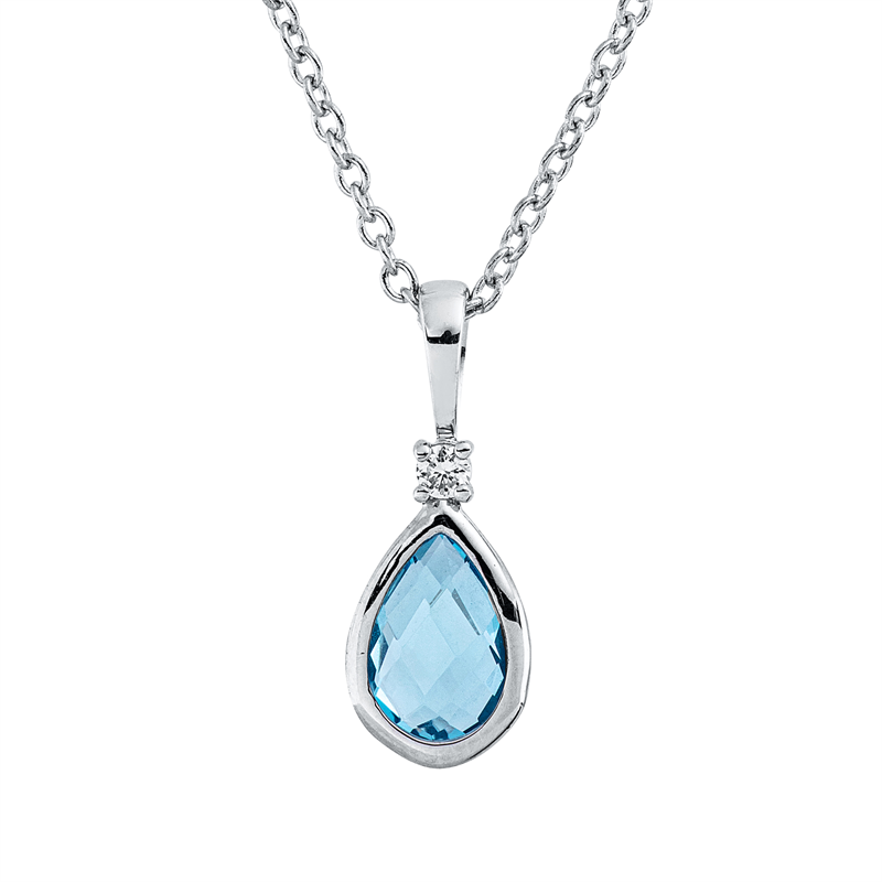 Collier 18 kt WG, mit ZÖ 40 cm, 42,5, 1 Brill. 0,02 ct, TW-si, 1 Topas 0,48 ct blau