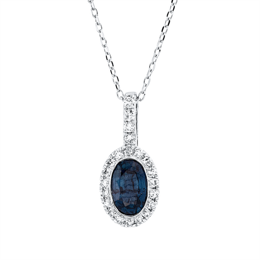 Collier 18 kt WG, mit ZÖ 43 cm, 22 Dia. 0,08 ct, TW-si, 1 Saphir 0,61 ct blau