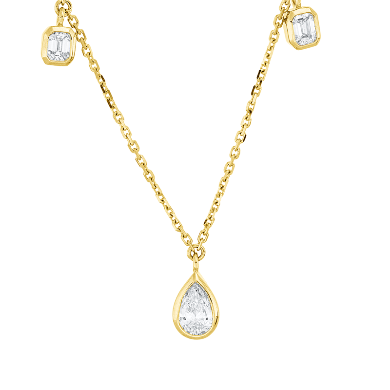Collier 18 kt GG, 3 Tropfen 0,51 ct, TW-si, 2 Oval 0,31 ct, TW-si, 2 Sm.schliff 0,17 ct, TW-si