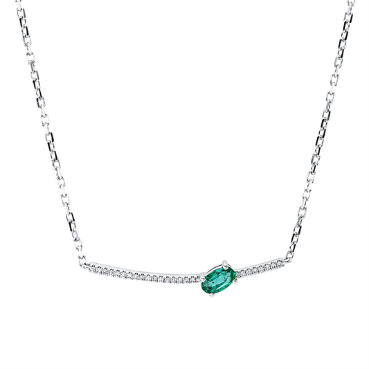 Collier 14 kt WG, mit ZÖ 40 cm + 43 cm, 26 Brill. 0,06 ct, TW-si, 1 Smaragd 0,19 ct grün