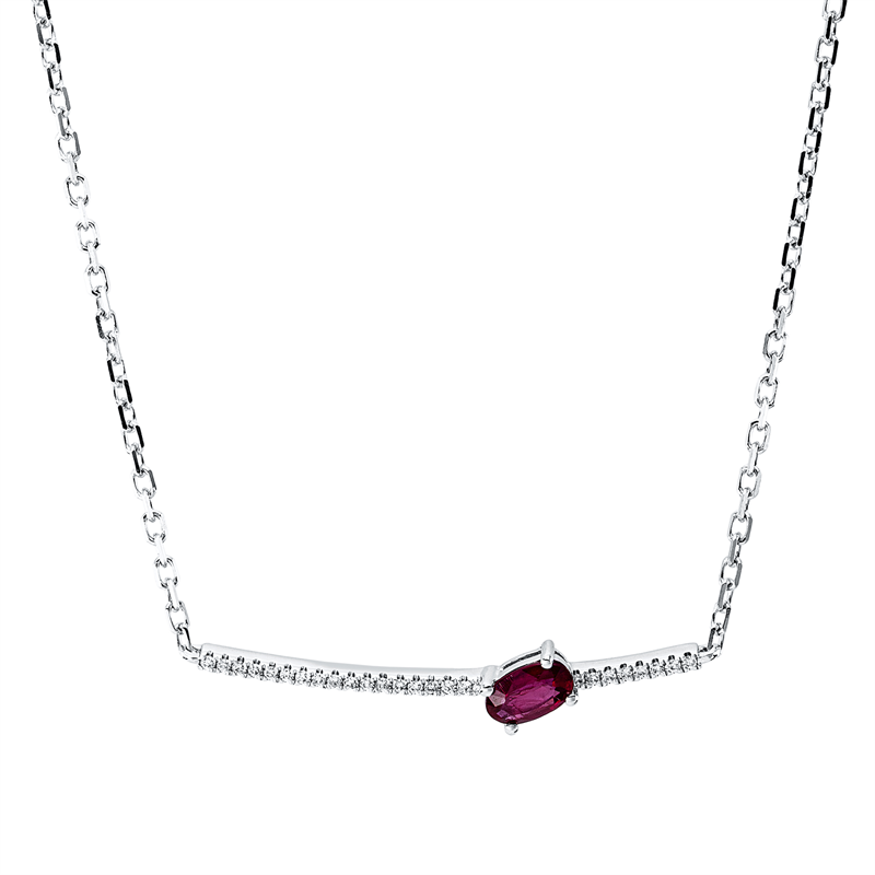 Collier 18 kt WG, mit ZÖ 40 cm + 43 cm, 26 Brill. 0,06 ct, TW-si, 1 Rubin 0,24 ct rot