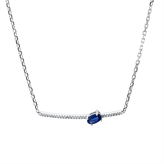 Collier 18 kt WG, mit ZÖ 40 cm + 43 cm, 26 Brill. 0,06 ct, TW-si, 1 Saphir 0,27 ct blau