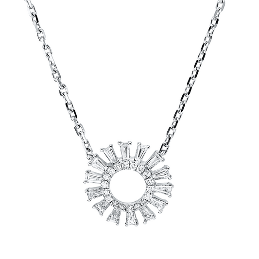 Collier 14 kt WG, mit ZÖ 40,6 cm, 14 Trap. 0,36 ct, TW-vsi/si, 18 Brill. 0,09 ct, TW-si