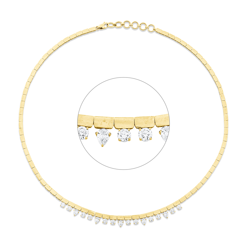 Collier 14 kt GG, 4 Tropfen 0,47 ct, TW-vsi/si, 1 Tropfen 0,13 ct, TW-vsi/si, 12 Brill. 1,30 ct, TW-si
