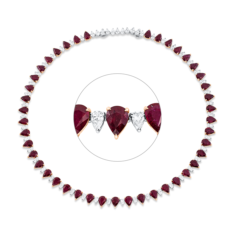 Collier 18 kt RG+WG, mit ZÖ 38 cm, 53 Tropfen 7,50 ct, TW-vsi, 43 Rubine 31,32 ct rot