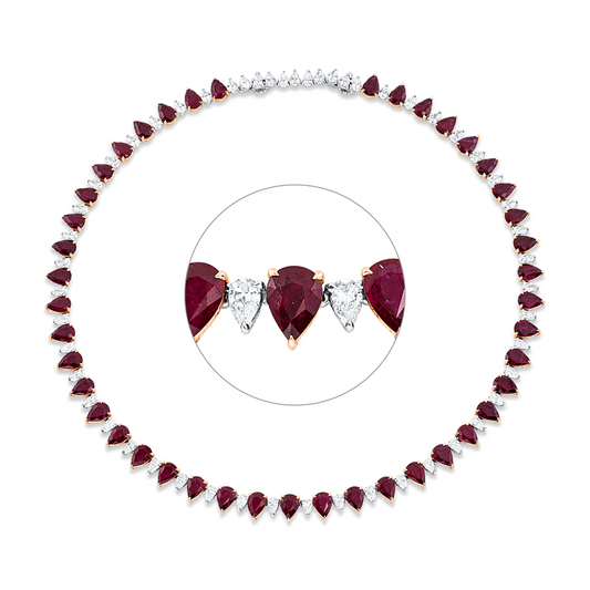 Collier 18 kt RG+WG, mit ZÖ 38 cm, 53 Tropfen 7,50 ct, TW-vsi, 43 Rubine 31,32 ct rot